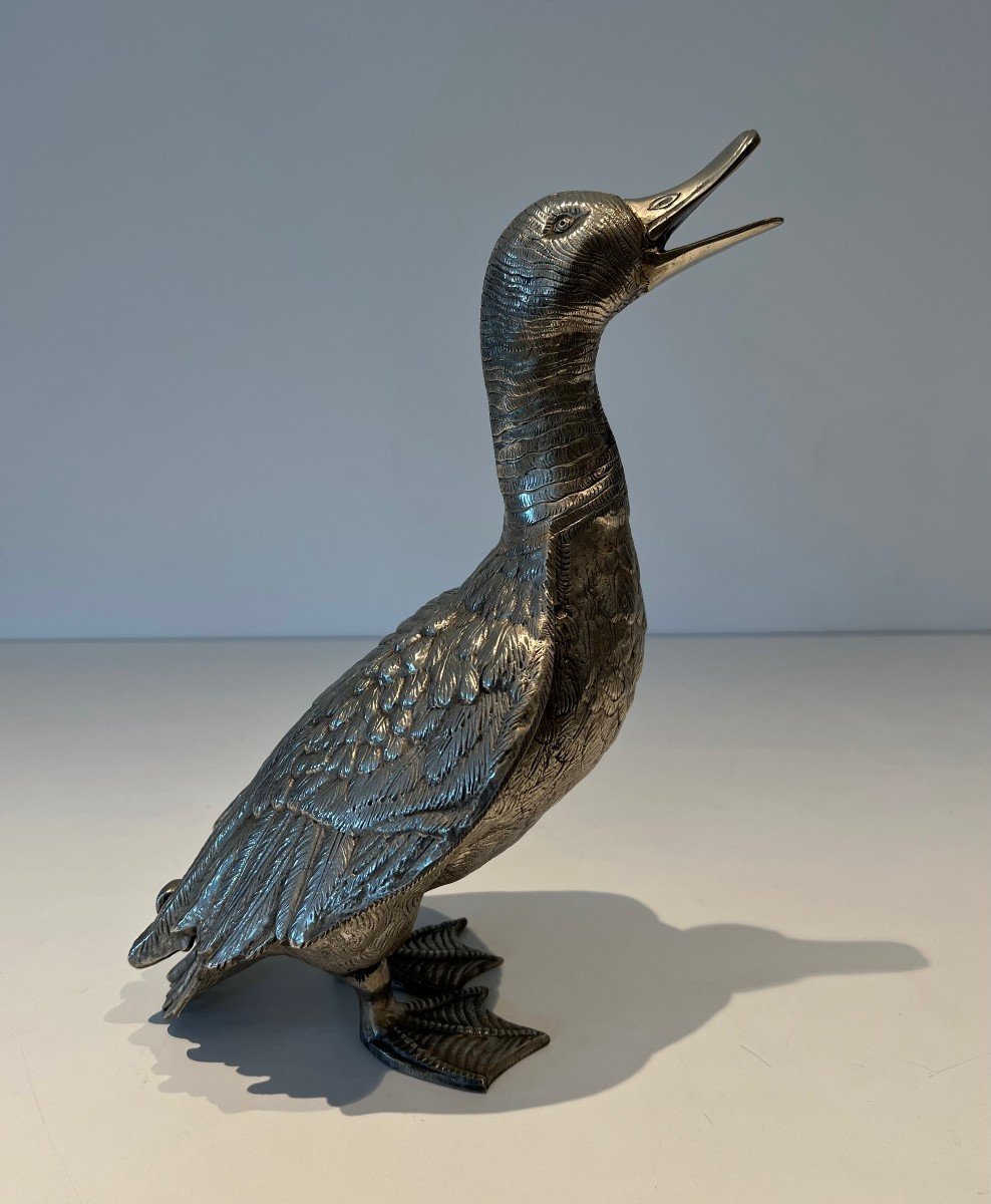 Tall Silvered Bronze Duck Finely Chiseled. French Work. Circa 1970