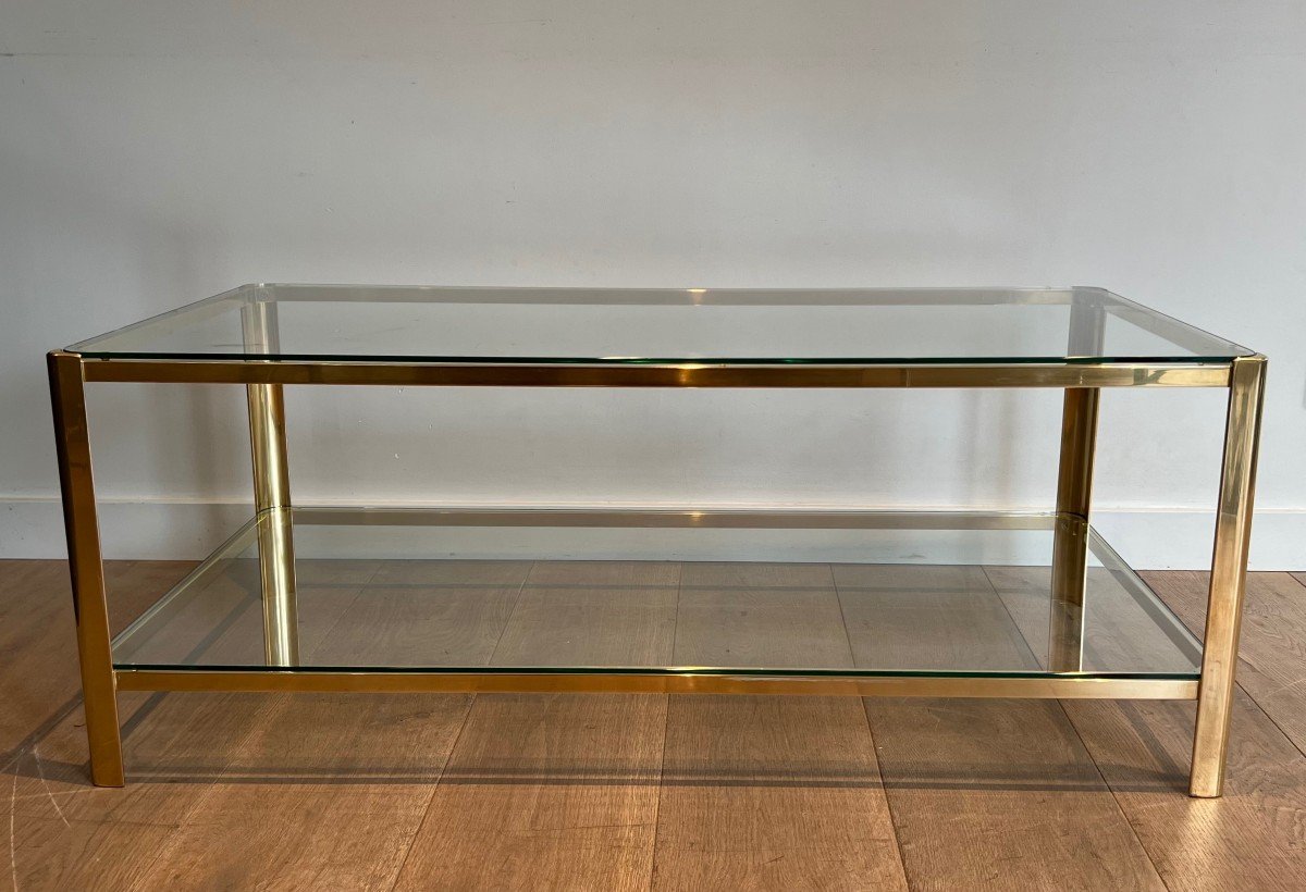 Polished Bronze Coffee Table With Double Glass Top Signed Jacques Théophile Lepelletier-photo-2