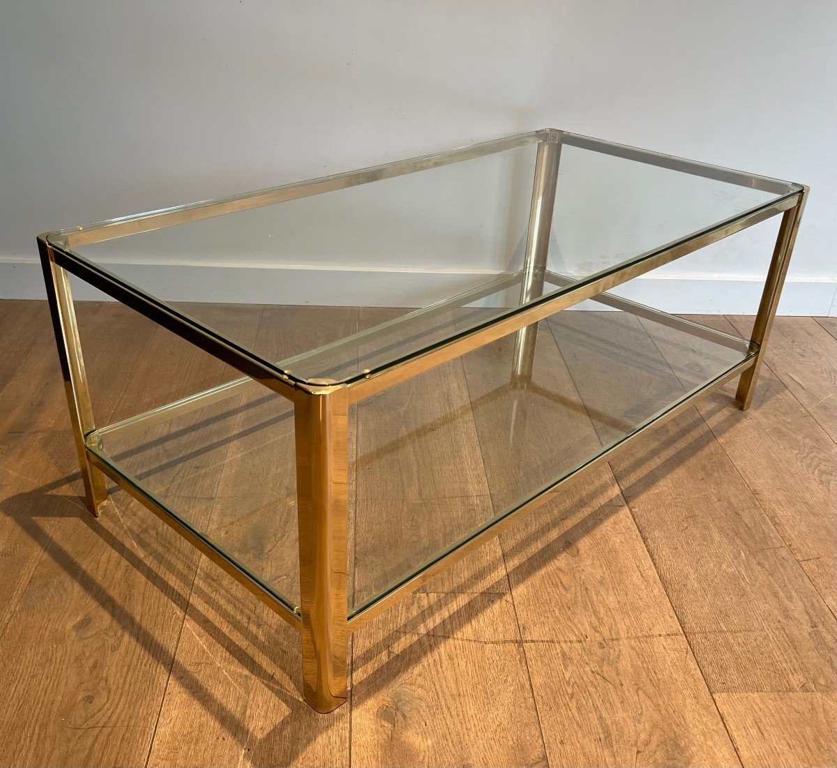 Polished Bronze Coffee Table With Double Glass Top Signed Jacques Théophile Lepelletier-photo-3