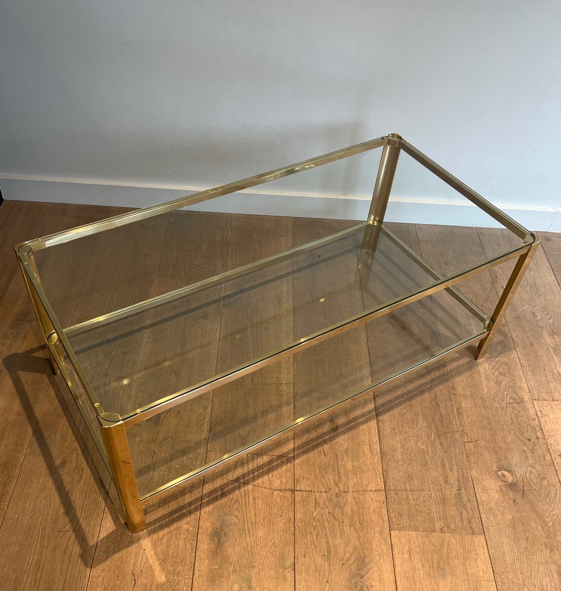 Polished Bronze Coffee Table With Double Glass Top Signed Jacques Théophile Lepelletier-photo-4