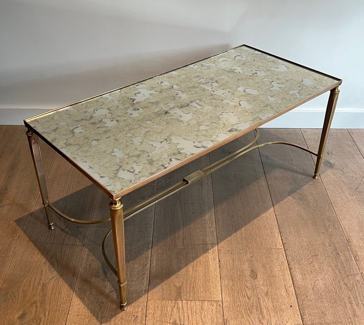 Neoclassical Style Brass Coffee Table With Faux-antiques Mirror Top By Maison Jansen-photo-3