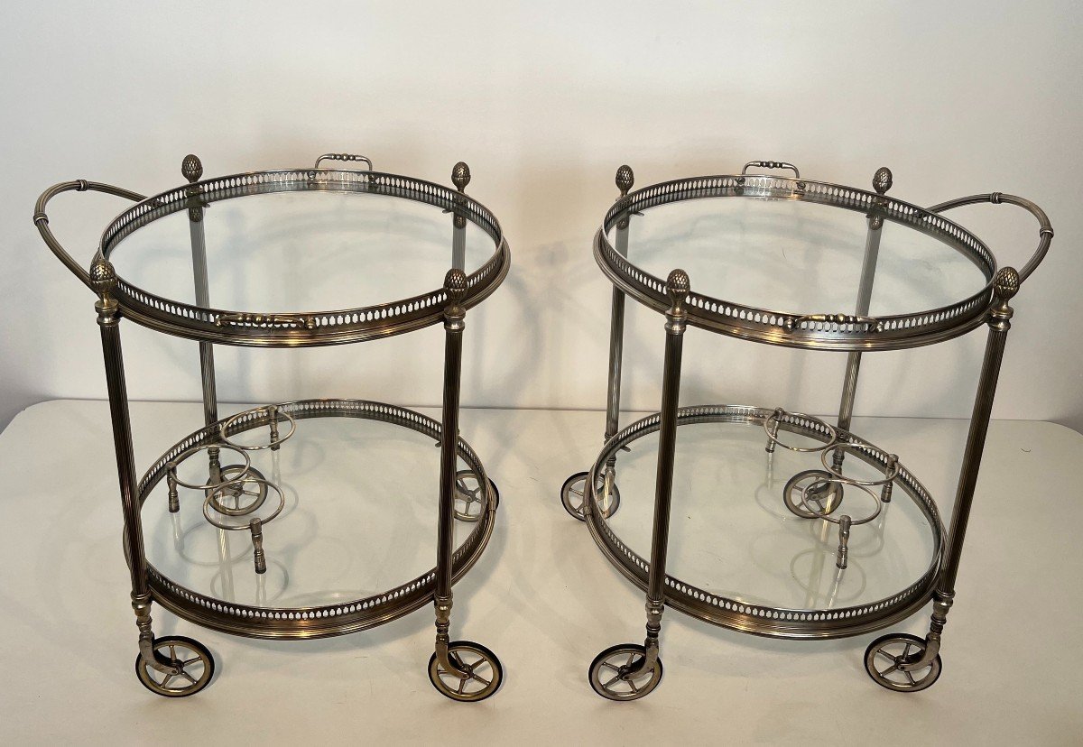 Rare Set Of 3 Neoclassical Style Round Silvered Brass Drinks Trolley With Removable Trays. -photo-3