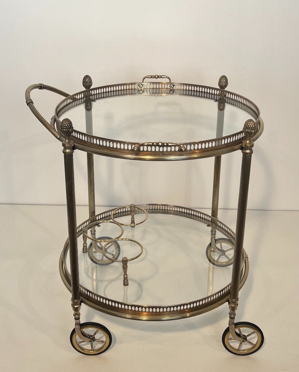 Rare Set Of 3 Neoclassical Style Round Silvered Brass Drinks Trolley With Removable Trays. -photo-4