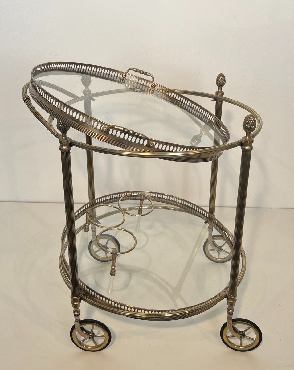 Rare Set Of 3 Neoclassical Style Round Silvered Brass Drinks Trolley With Removable Trays. -photo-1