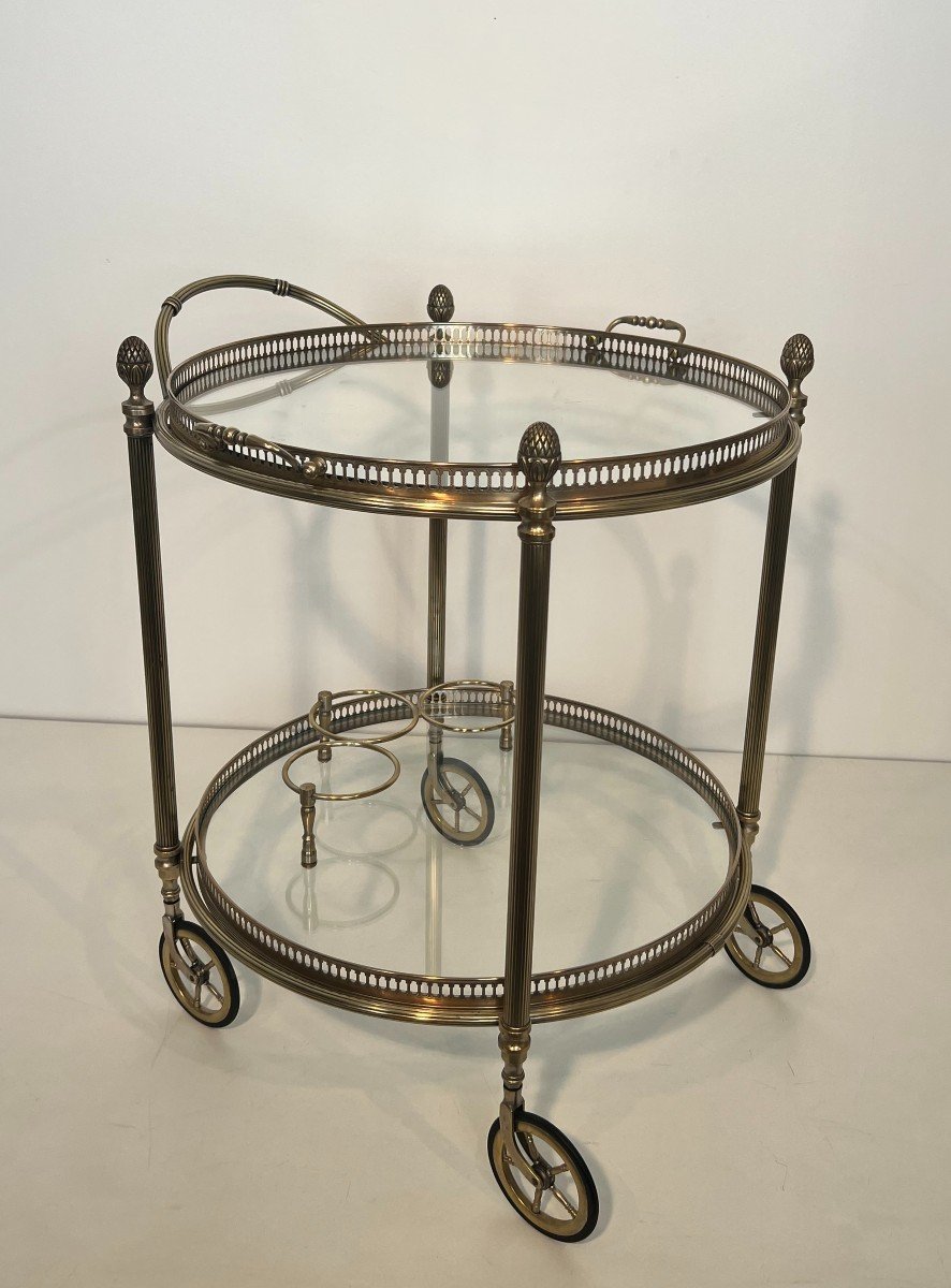 Rare Set Of 3 Neoclassical Style Round Silvered Brass Drinks Trolley With Removable Trays. -photo-2