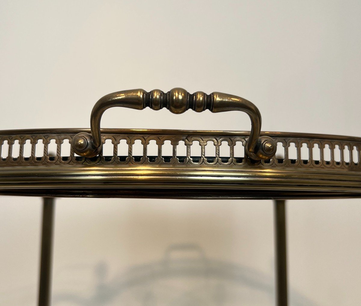 Rare Set Of 3 Neoclassical Style Round Silvered Brass Drinks Trolley With Removable Trays. -photo-4