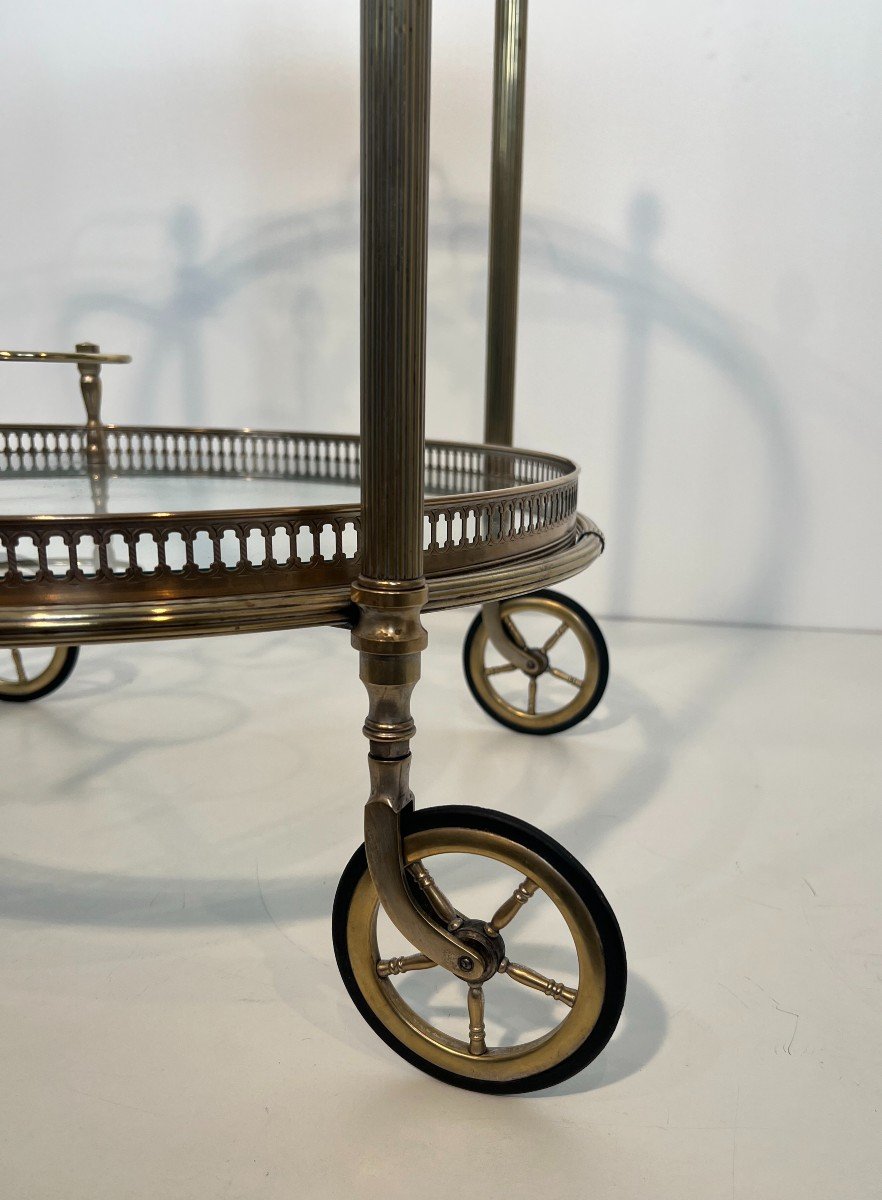 Rare Set Of 3 Neoclassical Style Round Silvered Brass Drinks Trolley With Removable Trays. -photo-7