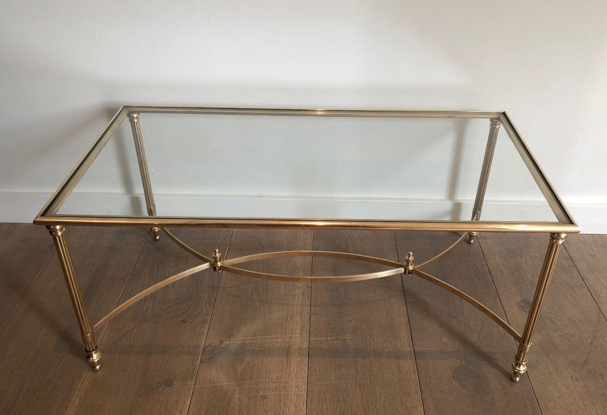 Neoclassical Style Brass Coffee Table With Clear Glass Shelf. French Work By Maison Jansen. 