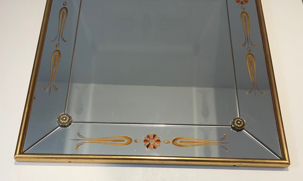 Important Mirror Engraved With Gold And Red Decorations In A Gilded Wood Frame. French Work. -photo-4