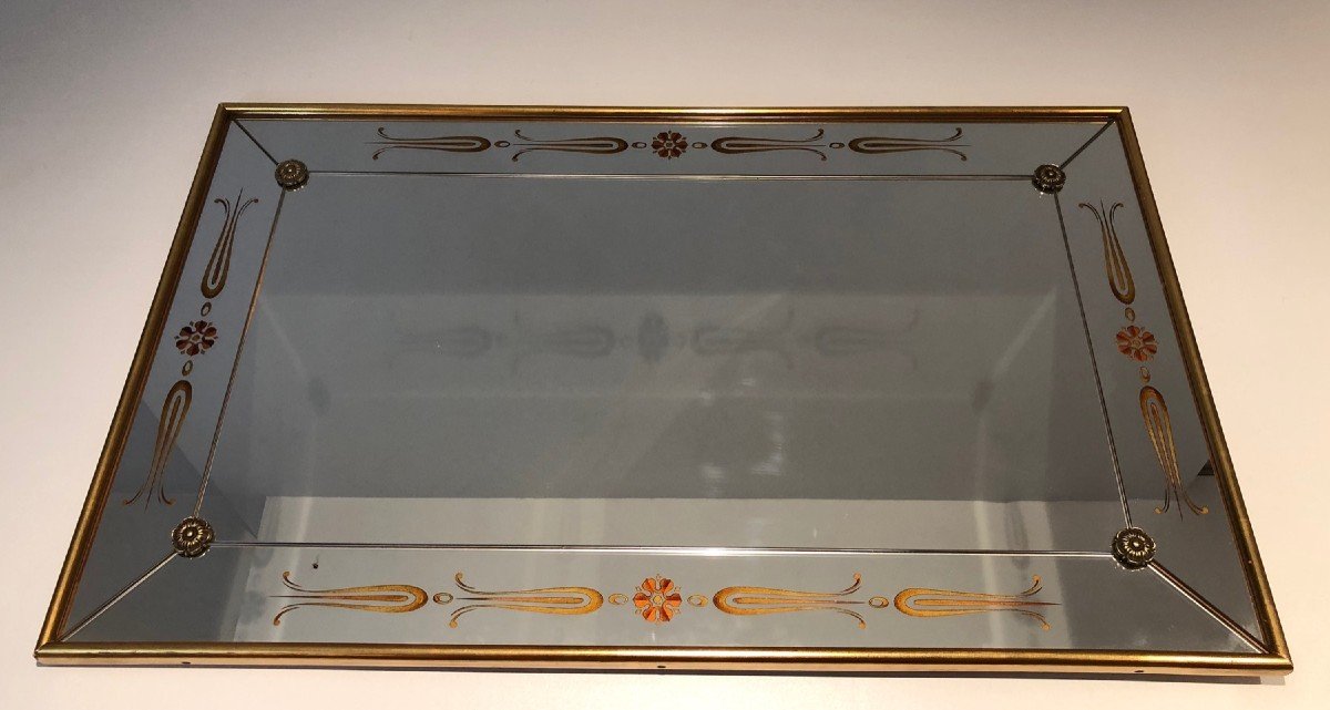 Important Mirror Engraved With Gold And Red Decorations In A Gilded Wood Frame. French Work. 