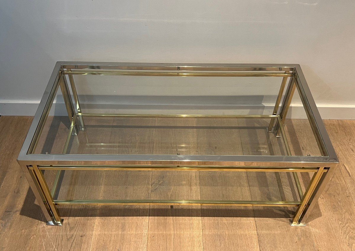 Modernist Coffee Table In Chrome And Gilt Metal With Triple Feet In The Style Of Willy Rizzo-photo-2