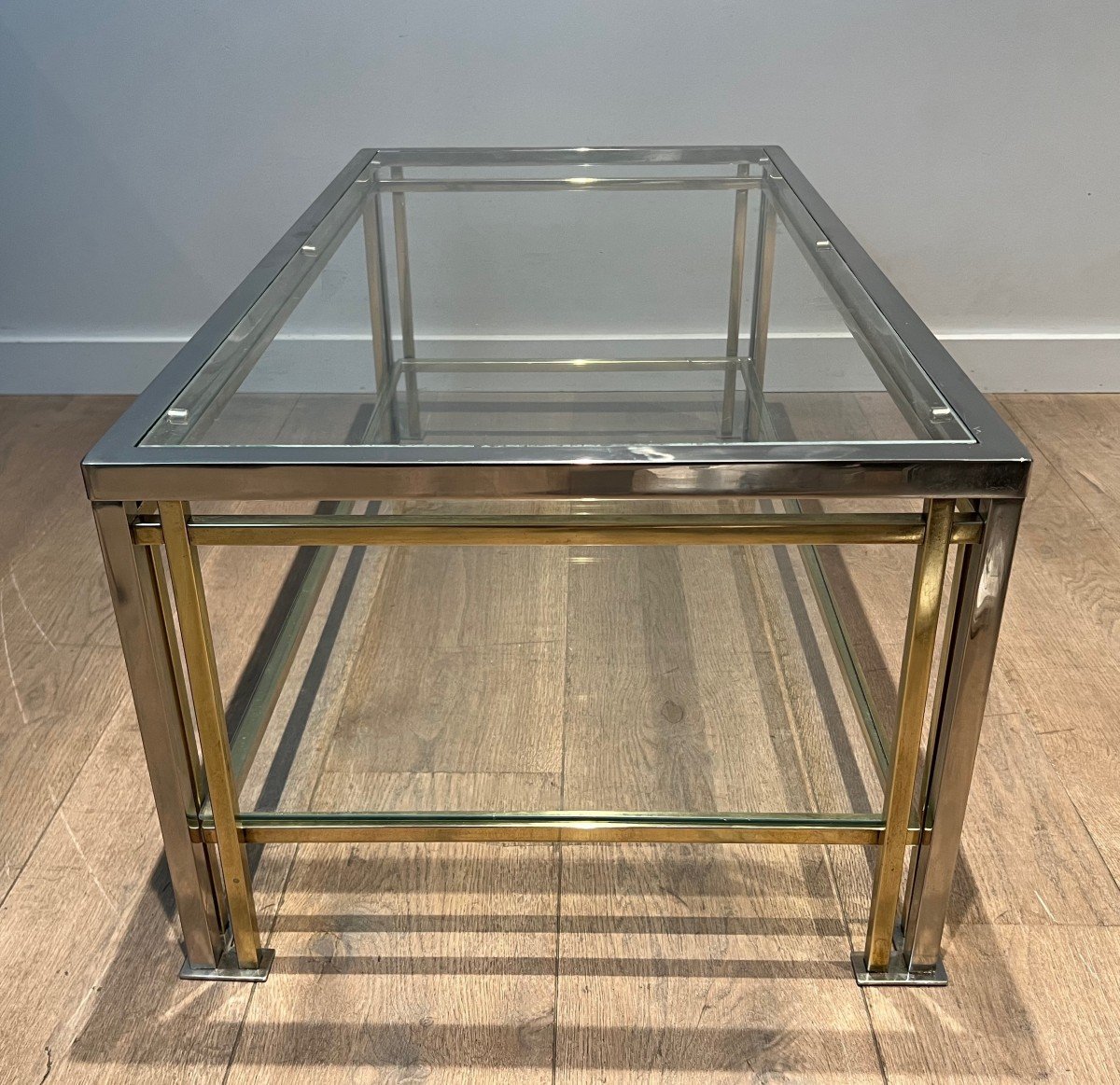 Modernist Coffee Table In Chrome And Gilt Metal With Triple Feet In The Style Of Willy Rizzo-photo-2