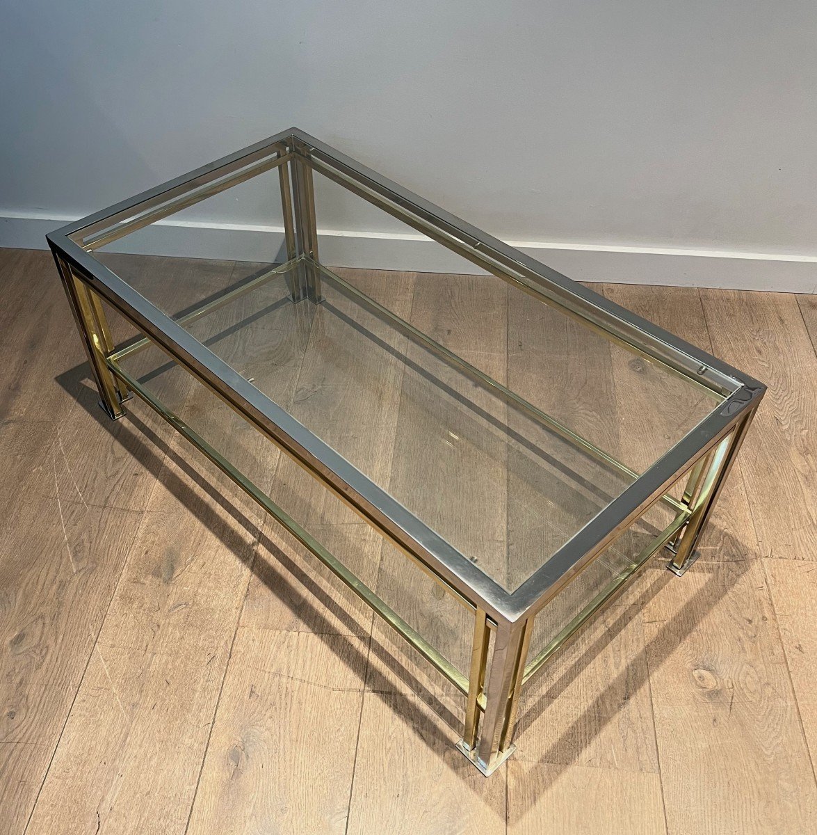 Modernist Coffee Table In Chrome And Gilt Metal With Triple Feet In The Style Of Willy Rizzo-photo-7