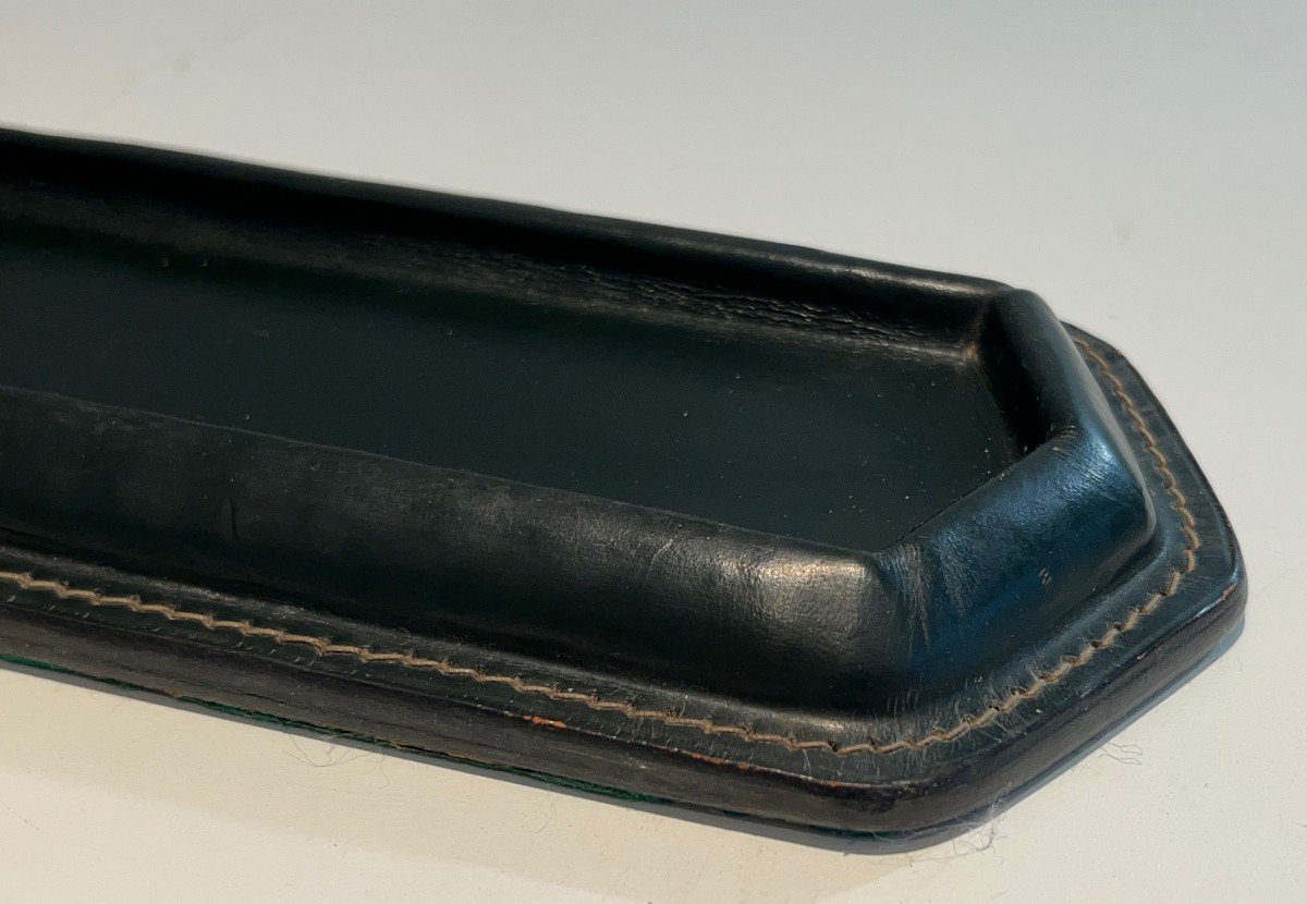 Cellier Stitched Dark Green Leather Pen Holder. French Work In The Style Of Jacques Adnet-photo-7