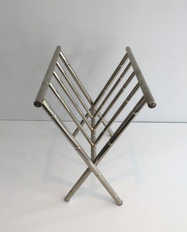 Faux-bamboo Nickel Magazine Rack. French Work In The Style Of Jacques Adnet. Circa 1970-photo-4