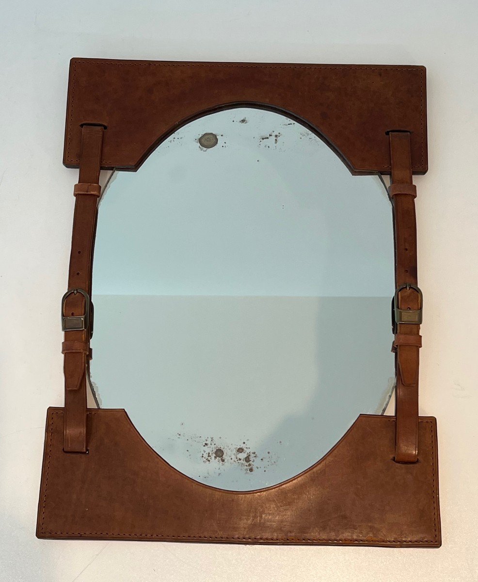 Miroir En Cuir Et Laitontravail Français Attribué à Jacques Adnet. Vers 1950