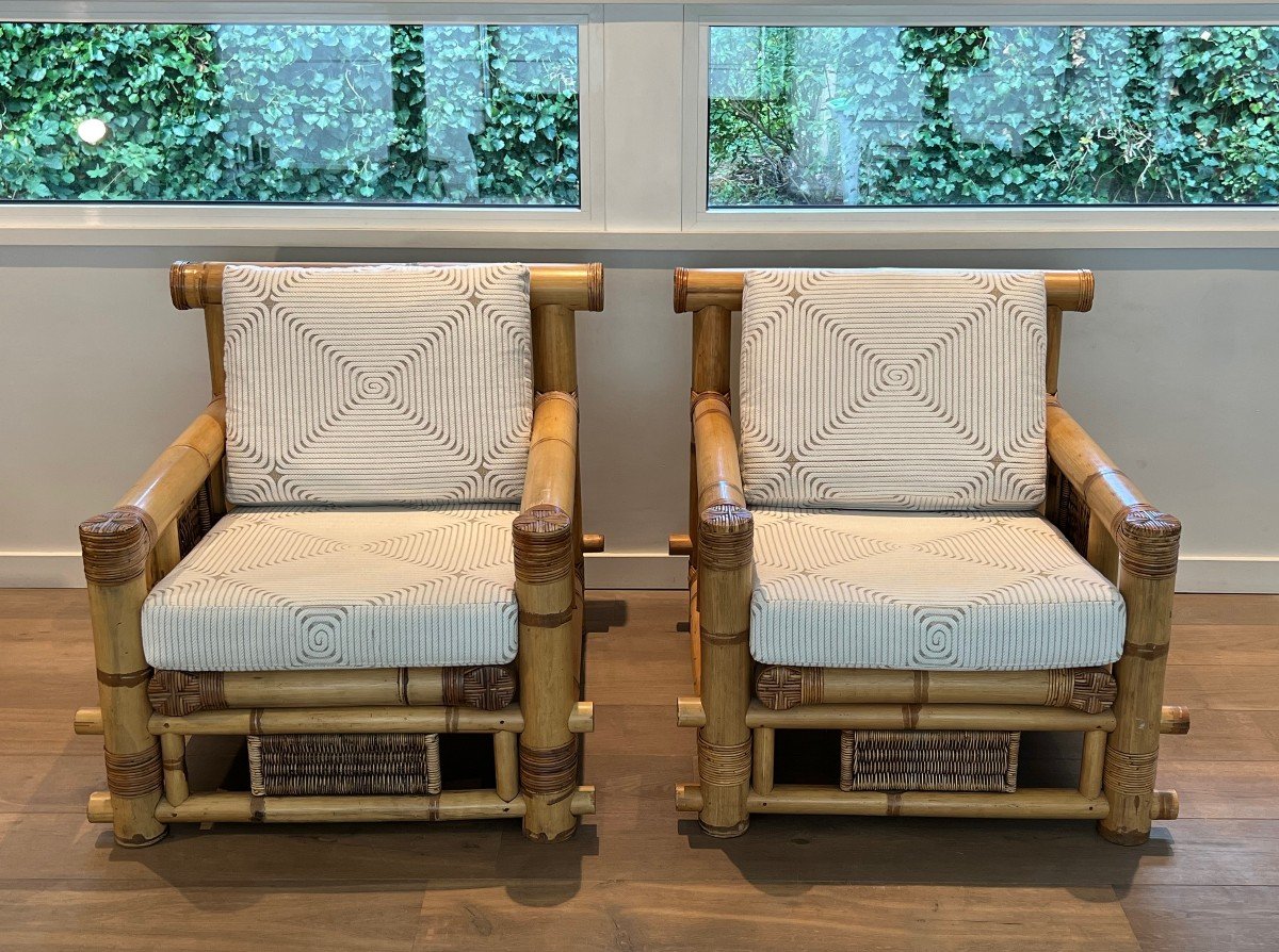 Pair Of Large Bamboo Armchairs With Pierre Frey Cushions. French Work. Circa 1970-photo-3