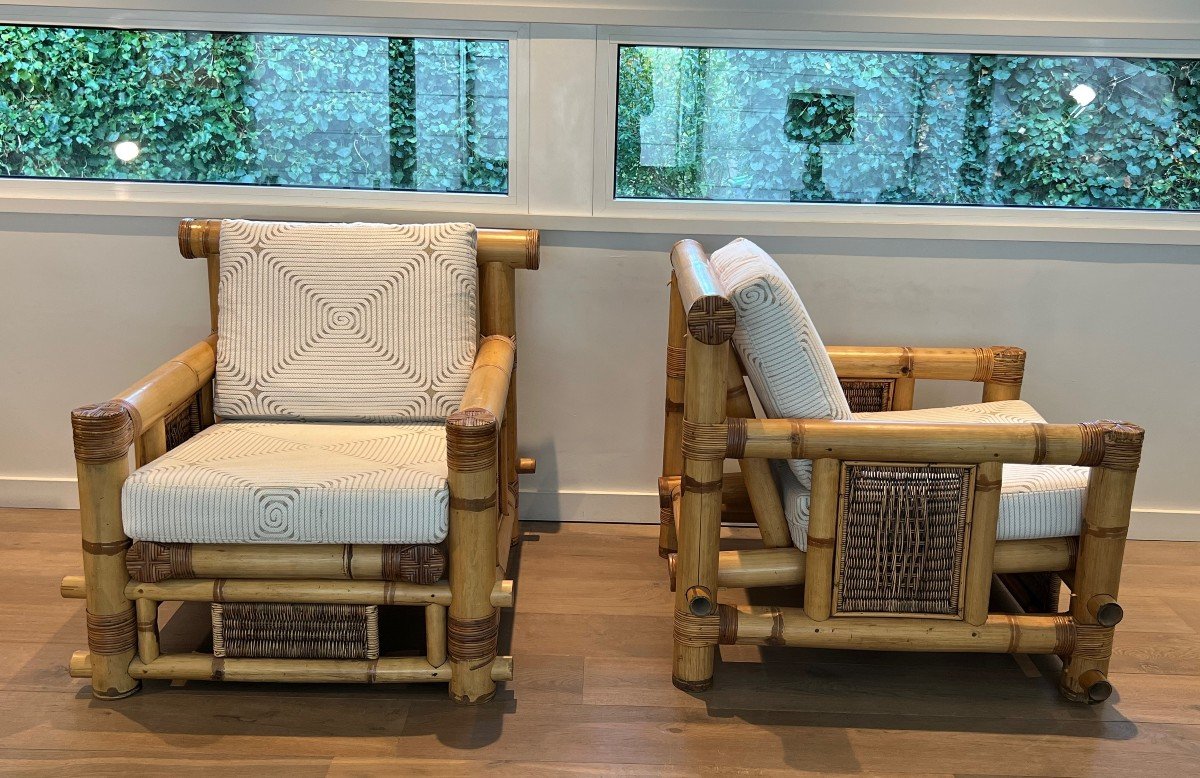 Pair Of Large Bamboo Armchairs With Pierre Frey Cushions. French Work. Circa 1970-photo-4