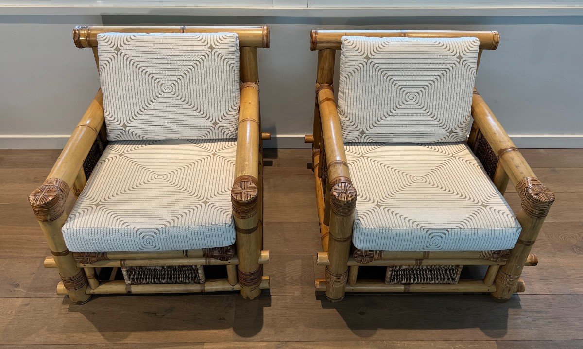 Pair Of Large Bamboo Armchairs With Pierre Frey Cushions. French Work. Circa 1970-photo-1