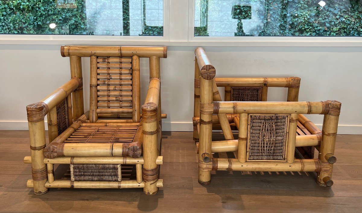 Pair Of Large Bamboo Armchairs With Pierre Frey Cushions. French Work. Circa 1970-photo-7