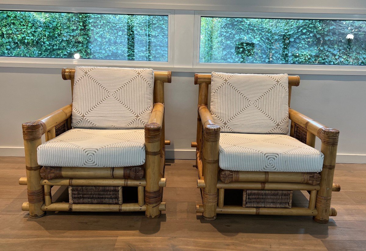 Pair Of Large Bamboo Armchairs With Pierre Frey Cushions. French Work. Circa 1970-photo-8