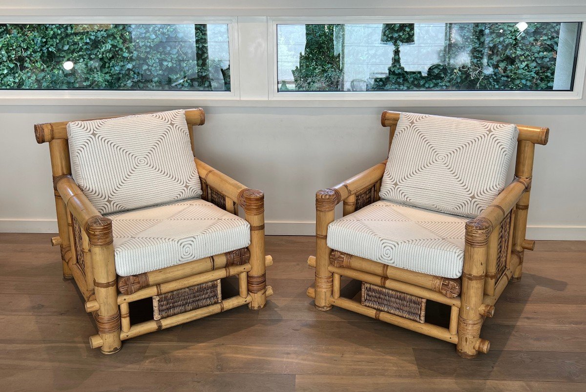 Pair Of Large Bamboo Armchairs With Pierre Frey Cushions. French Work. Circa 1970