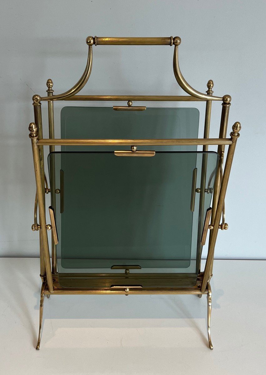 Neoclassical Style Brass And Blueish Glass Magazine Rack. French Work By Maison Jansen-photo-2