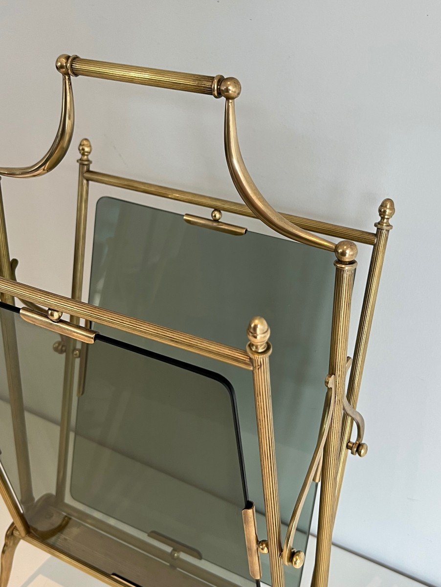 Neoclassical Style Brass And Blueish Glass Magazine Rack. French Work By Maison Jansen-photo-1