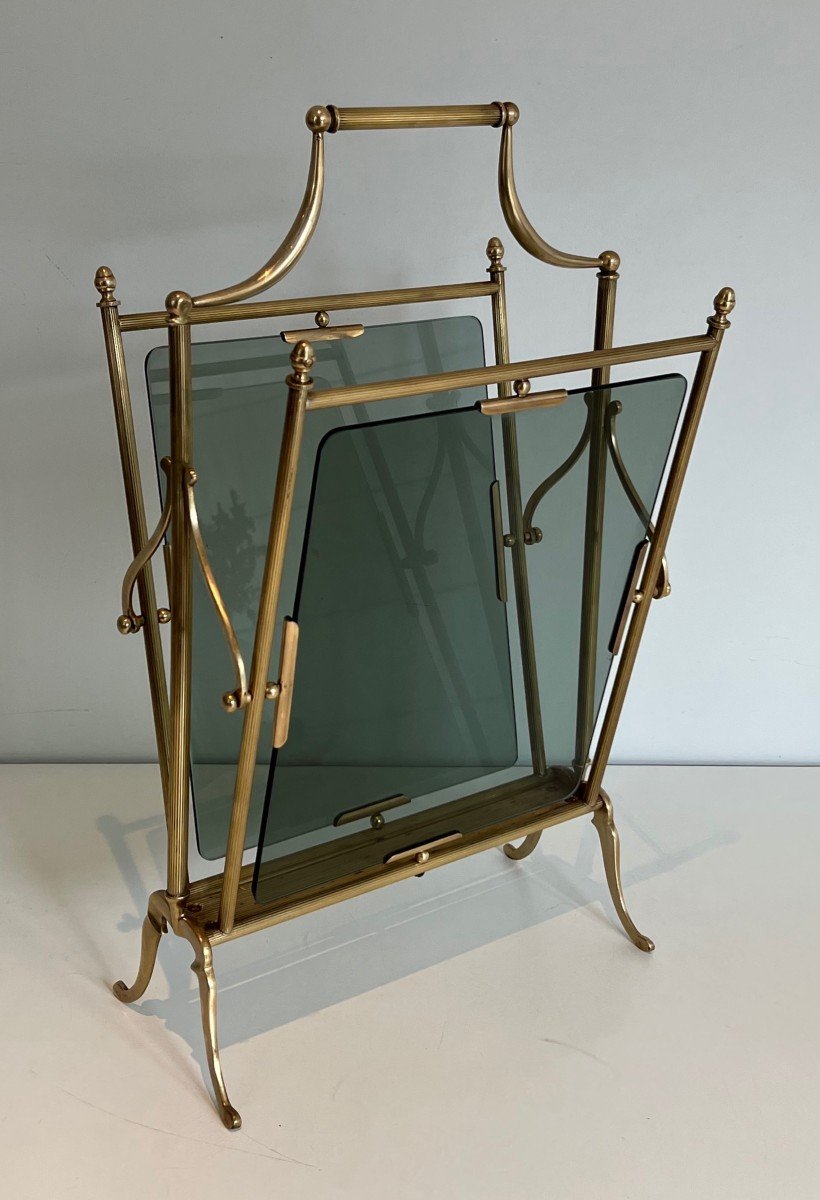 Neoclassical Style Brass And Blueish Glass Magazine Rack. French Work By Maison Jansen-photo-8