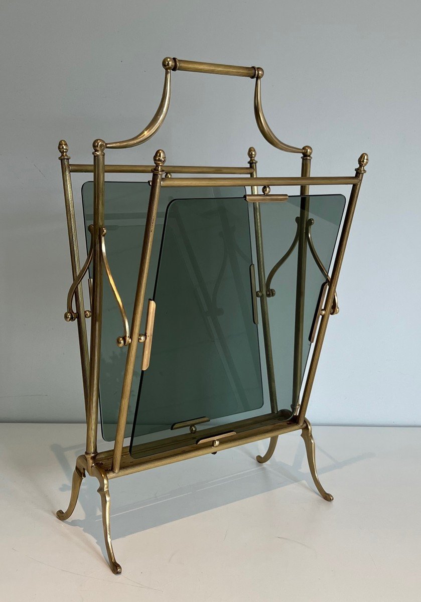 Neoclassical Style Brass And Blueish Glass Magazine Rack. French Work By Maison Jansen