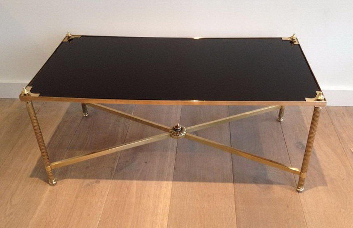 Rectangular Brass Coffee Table With Black Lacquered Glass Top. French Work By Maison Jansen.-photo-2