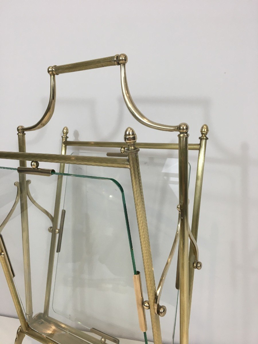 Neoclassical Style Brass And Clear Glass Magazine Rack. French Work By Maison Jansen. -photo-1