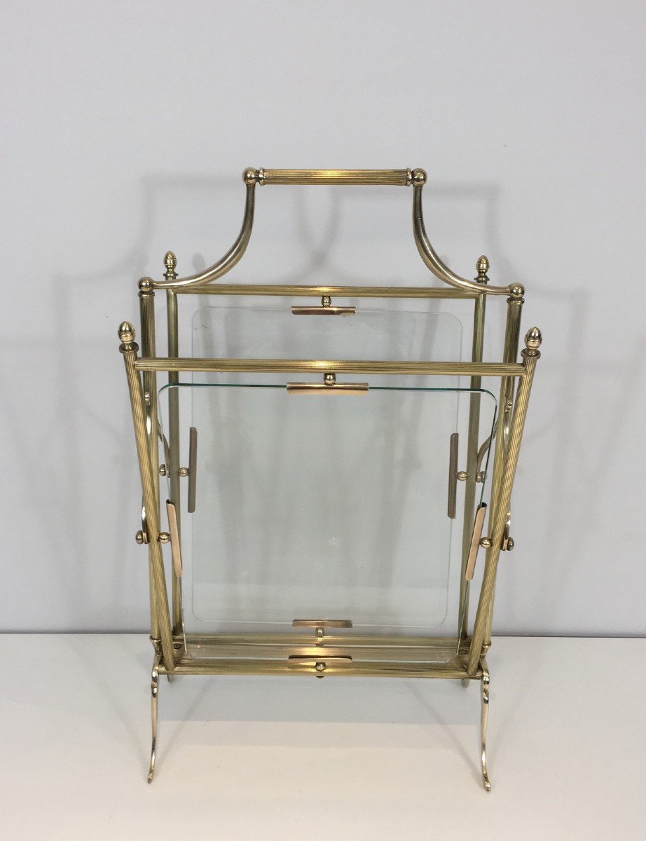 Neoclassical Style Brass And Clear Glass Magazine Rack. French Work By Maison Jansen. -photo-7