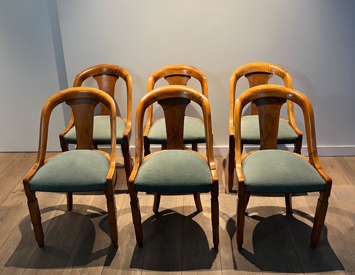 Set Of Six Walnut Gondola Chairs. French Work. Art Deco Period. Around 1930-photo-8