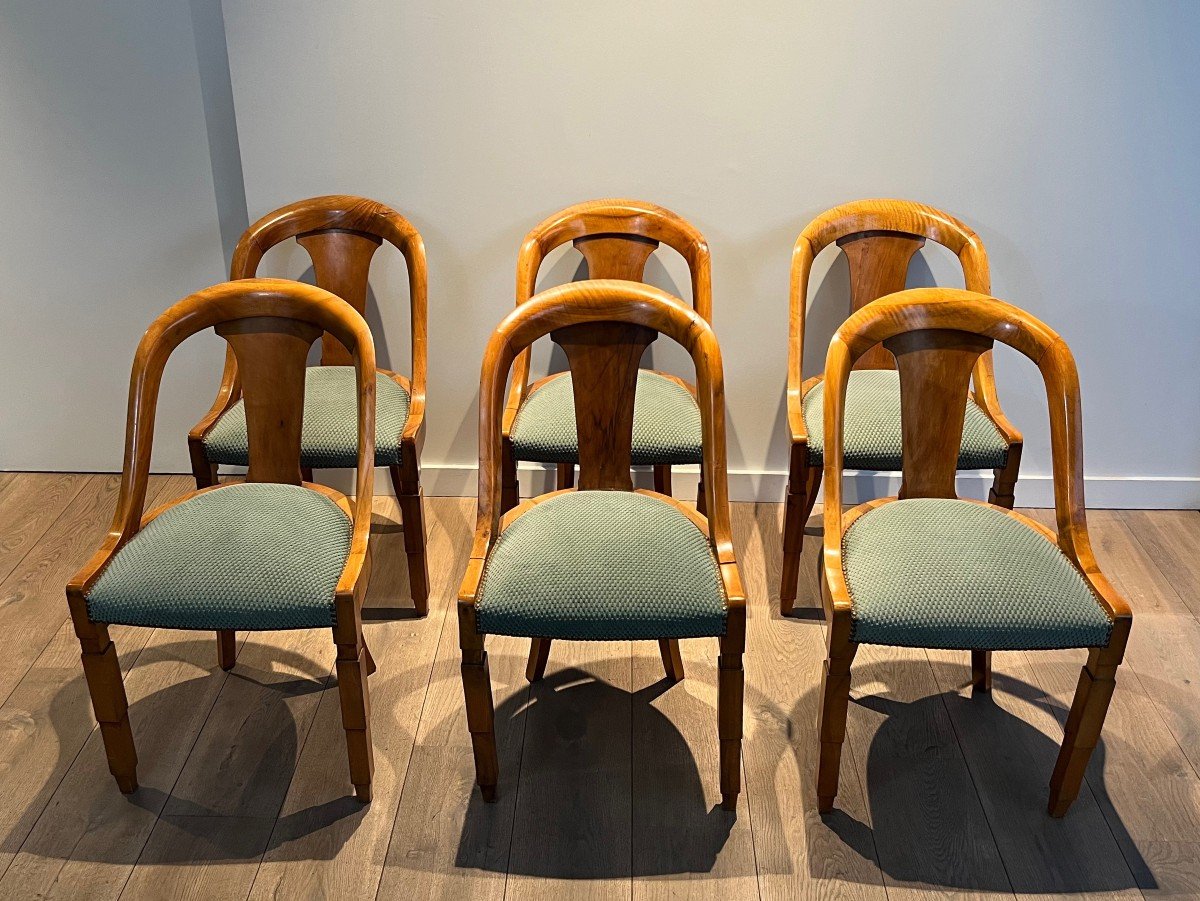 Set Of Six Walnut Gondola Chairs. French Work. Art Deco Period. Around 1930