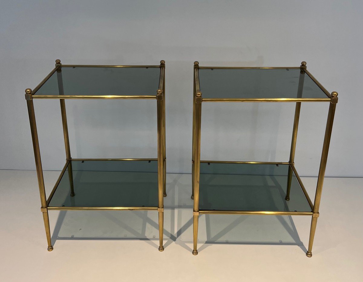 Pair Of Brass Side Tables With Blueish Glass Shelves. French Work Attributed To Maison Jansen. -photo-2