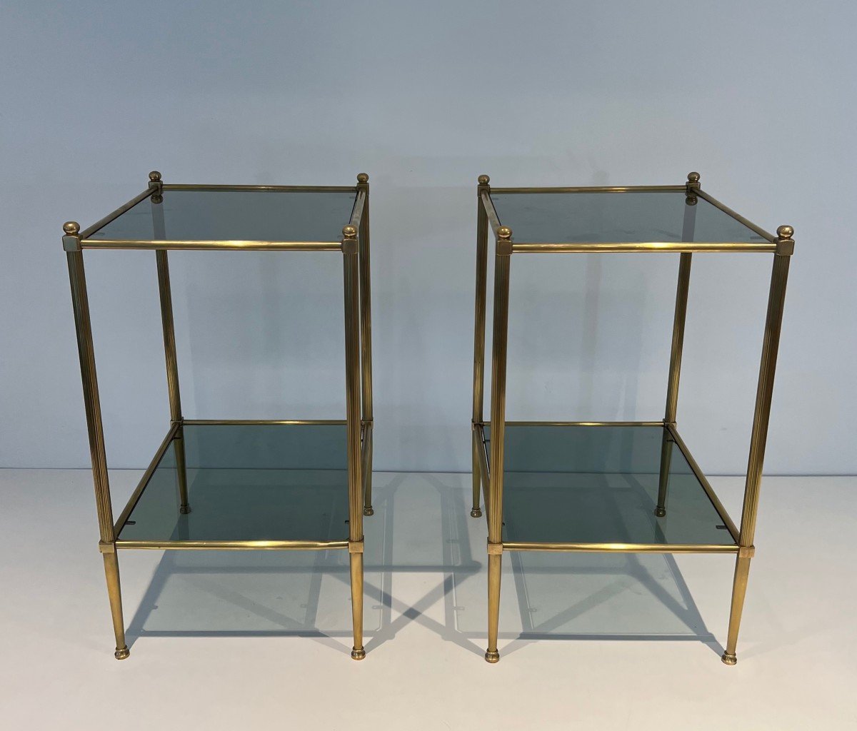 Pair Of Brass Side Tables With Blueish Glass Shelves. French Work Attributed To Maison Jansen. -photo-3