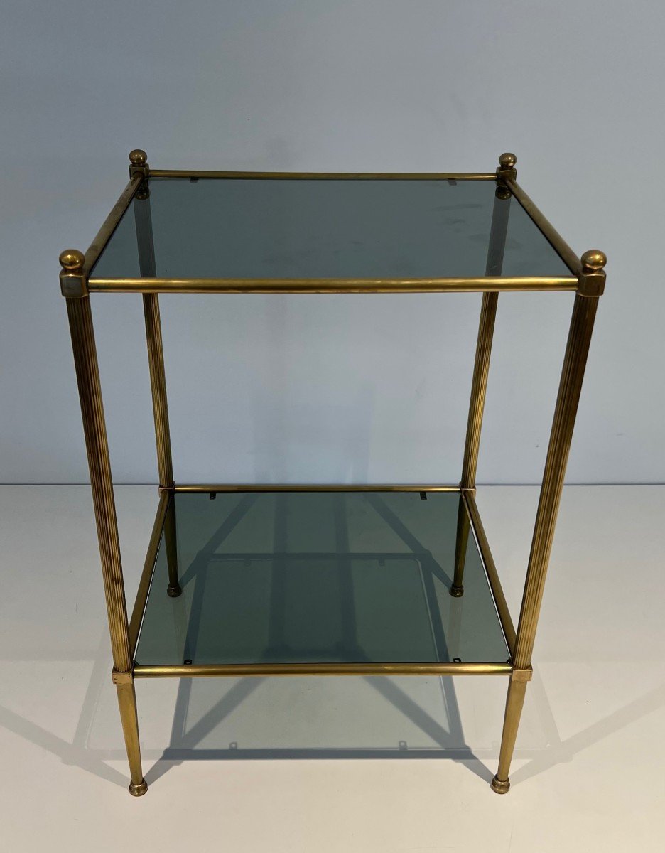 Pair Of Brass Side Tables With Blueish Glass Shelves. French Work Attributed To Maison Jansen. -photo-1