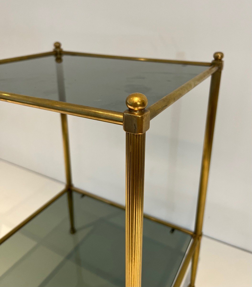 Pair Of Brass Side Tables With Blueish Glass Shelves. French Work Attributed To Maison Jansen. -photo-2