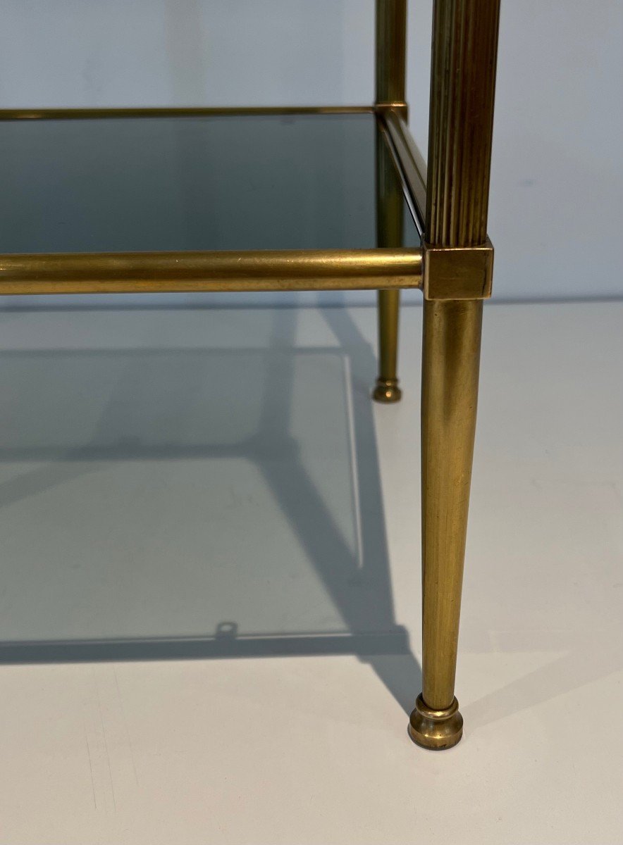 Pair Of Brass Side Tables With Blueish Glass Shelves. French Work Attributed To Maison Jansen. -photo-7