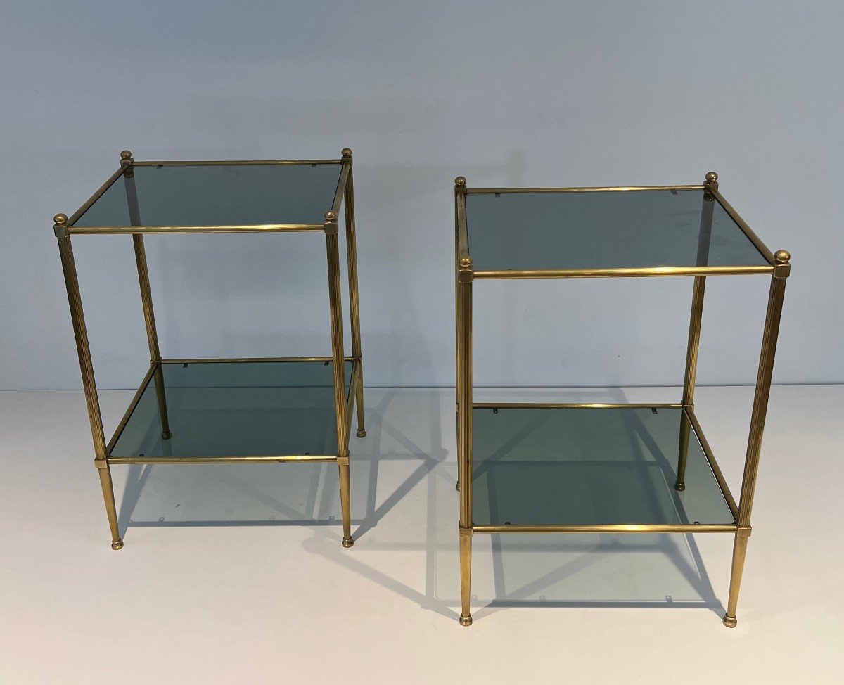 Pair Of Brass Side Tables With Blueish Glass Shelves. French Work Attributed To Maison Jansen. -photo-8