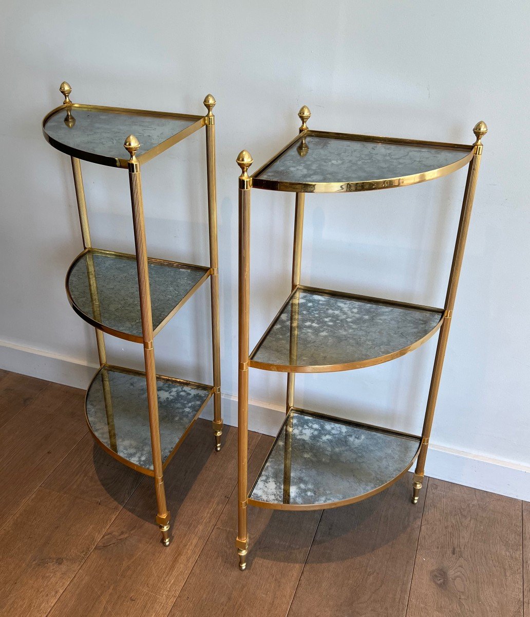 Pair Of Gilt Metal Corner Side Tables With Eglomized Mirror Shelves. French Work -photo-4