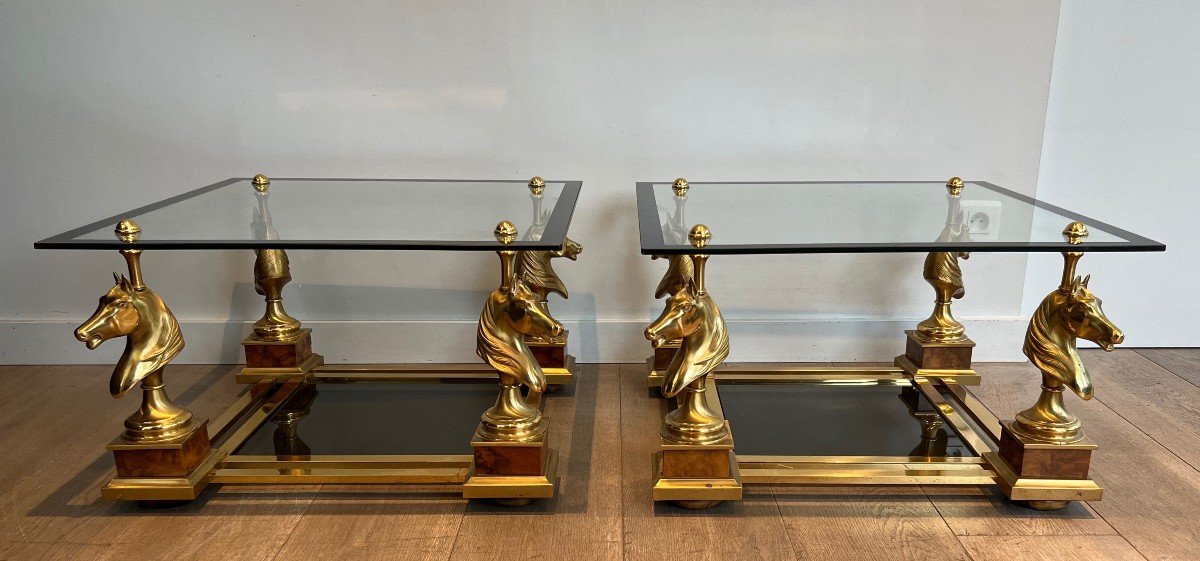 Pair Of Square Side Tables With Brass Horse Heads On Burr Walnut Base, Lower Top Made Of Black -photo-2