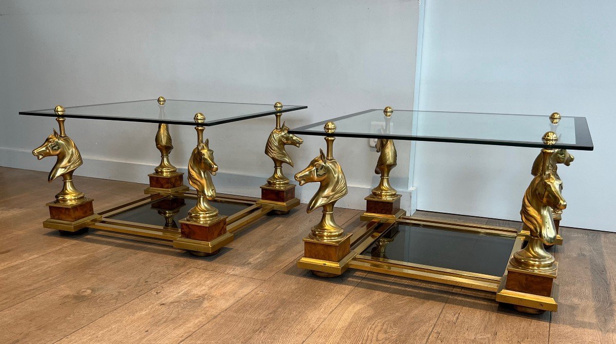 Pair Of Square Side Tables With Brass Horse Heads On Burr Walnut Base, Lower Top Made Of Black -photo-3