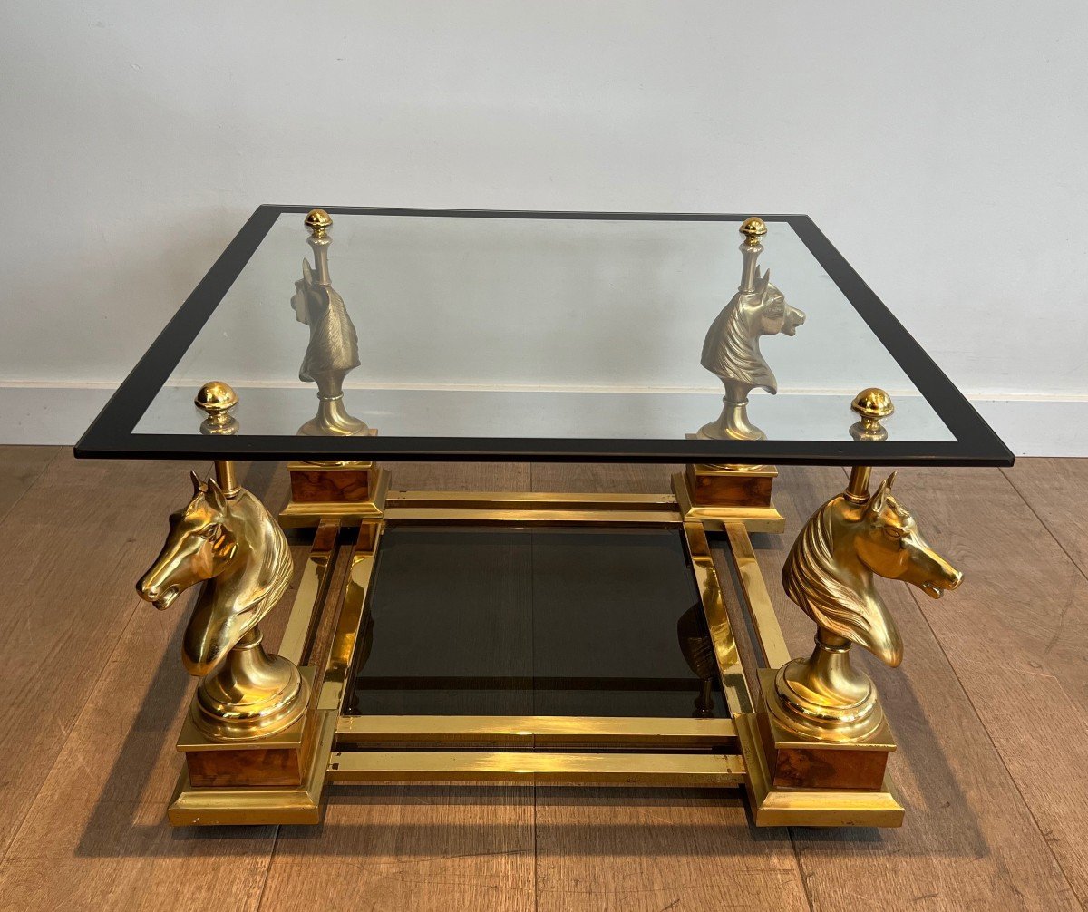 Pair Of Square Side Tables With Brass Horse Heads On Burr Walnut Base, Lower Top Made Of Black -photo-4