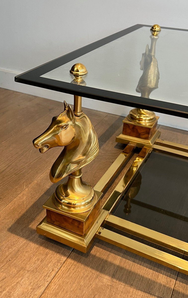 Pair Of Square Side Tables With Brass Horse Heads On Burr Walnut Base, Lower Top Made Of Black -photo-1