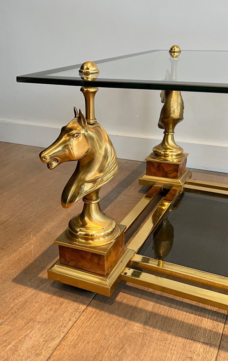 Pair Of Square Side Tables With Brass Horse Heads On Burr Walnut Base, Lower Top Made Of Black -photo-2