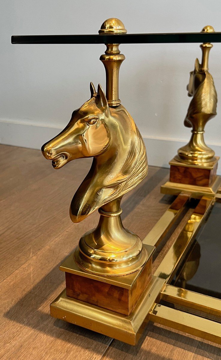 Pair Of Square Side Tables With Brass Horse Heads On Burr Walnut Base, Lower Top Made Of Black -photo-3