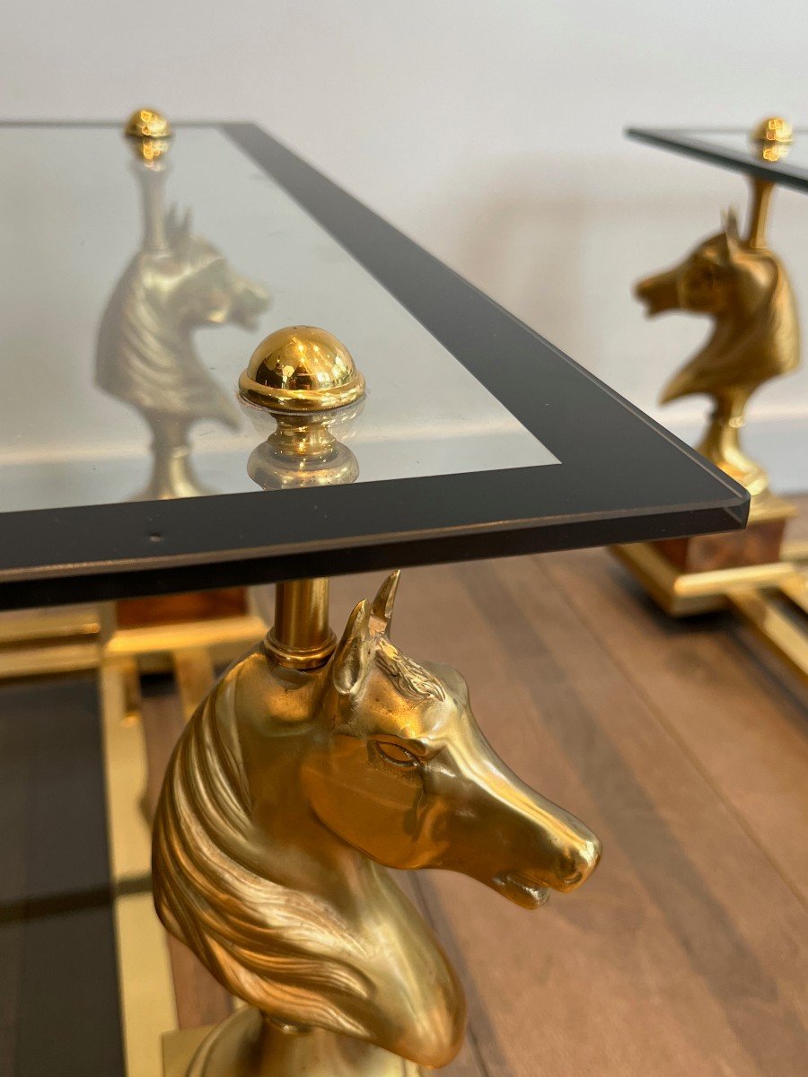 Pair Of Square Side Tables With Brass Horse Heads On Burr Walnut Base, Lower Top Made Of Black -photo-4