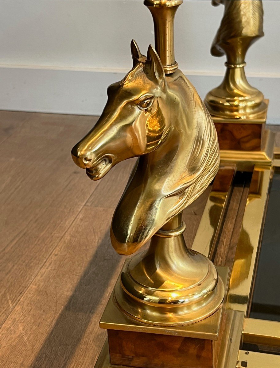 Pair Of Square Side Tables With Brass Horse Heads On Burr Walnut Base, Lower Top Made Of Black -photo-5